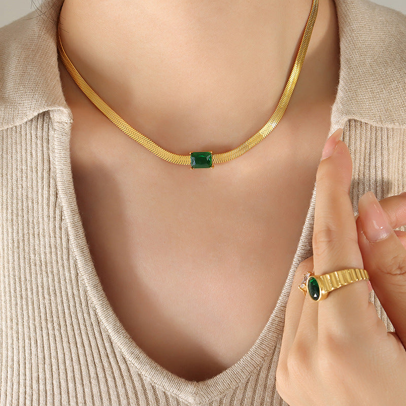 Emerald Herringbone Snake Chain around neck
