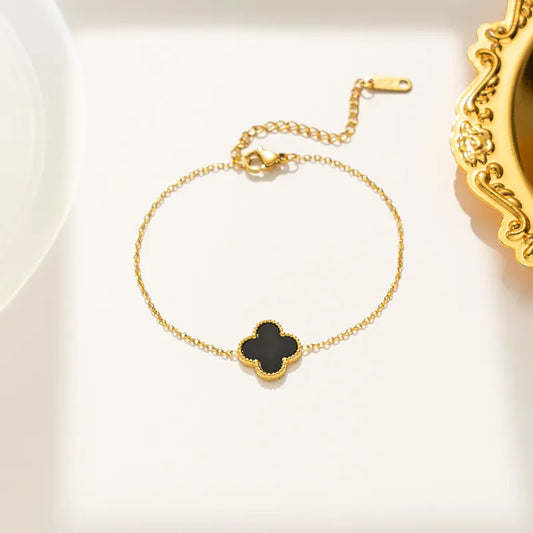 Black Single Four Leaf Clover Bracelet, Gold Chain