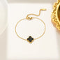Black Single Four Leaf Clover Bracelet, Gold Chain