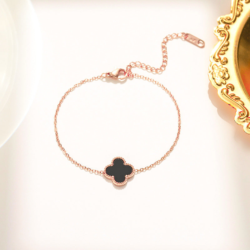 Black Single Four Leaf Clover Bracelet, Rose Gold Chain