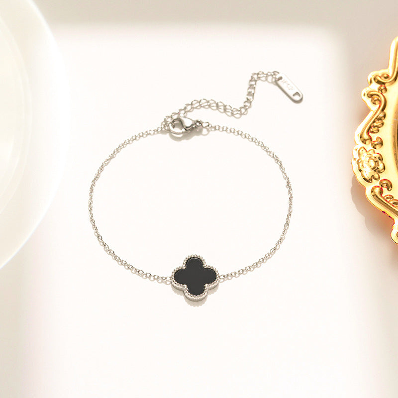 Black Single Four Leaf Clover Bracelet, Silver Chain