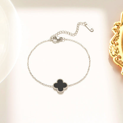 Black Single Four Leaf Clover Bracelet, Silver Chain