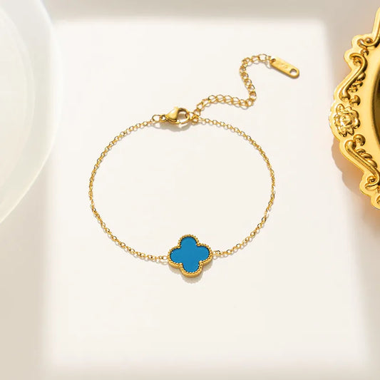 Blue Single Four Leaf Clover Bracelet, Gold Chain