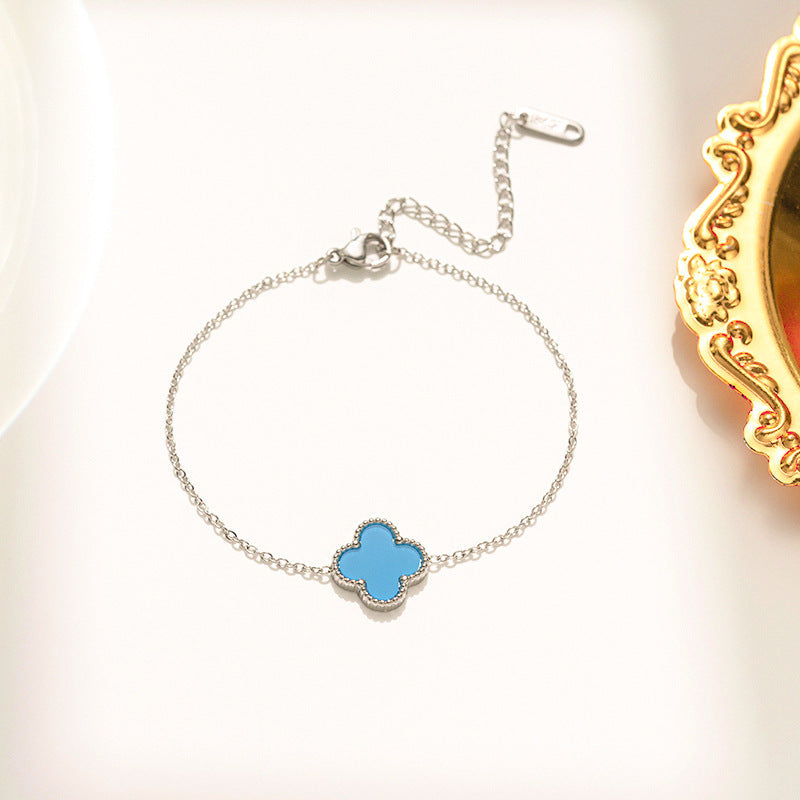 Blue Single Four Leaf clover bracelet, Silver Chain