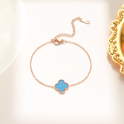 Blue Single Four Leaf clover bracelet, rose gold Chain