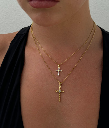 Clear Cross Necklace - Cubic Zirconia Necklace, paired with another necklace