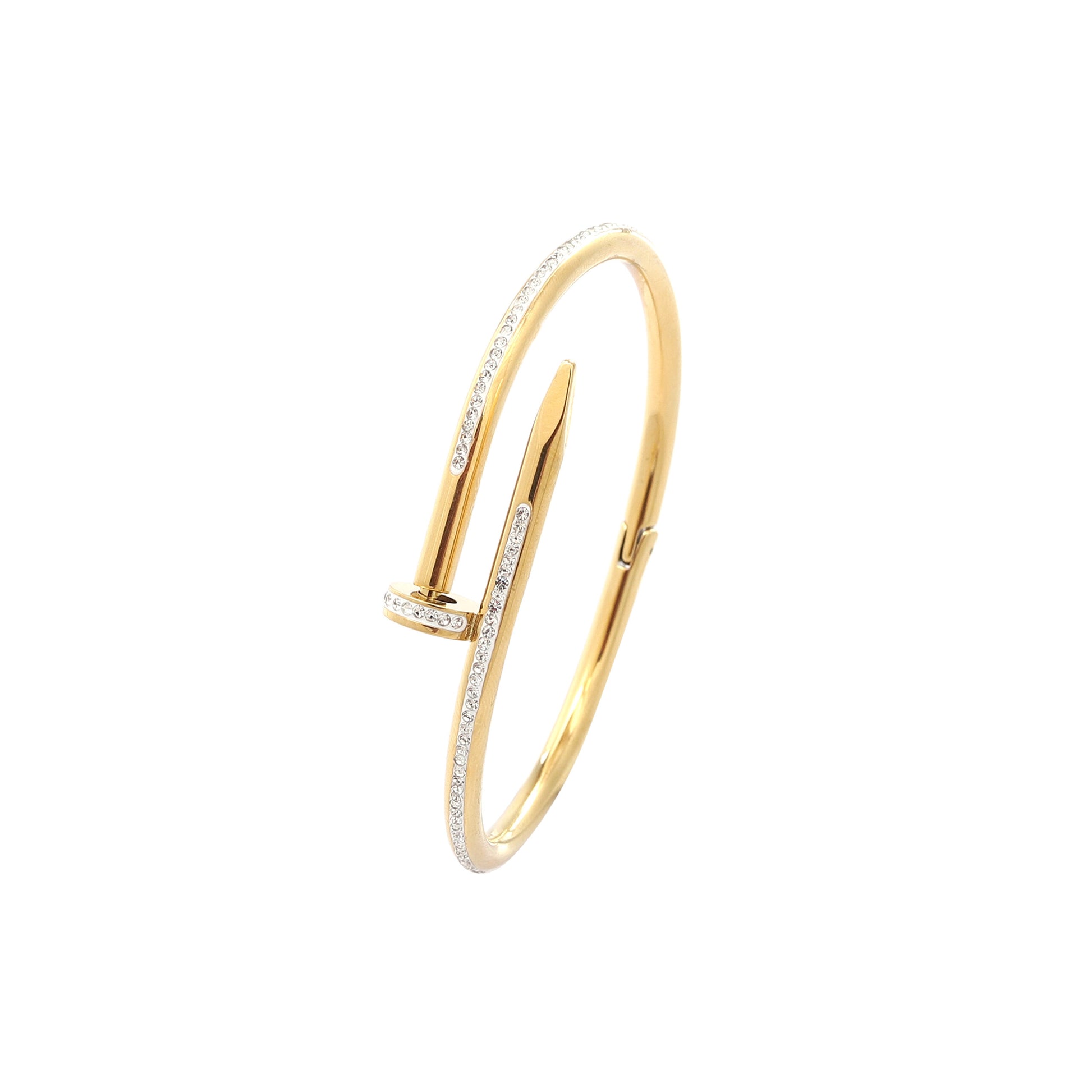 Gold Nail Bracelet with Crystals, floating on white background