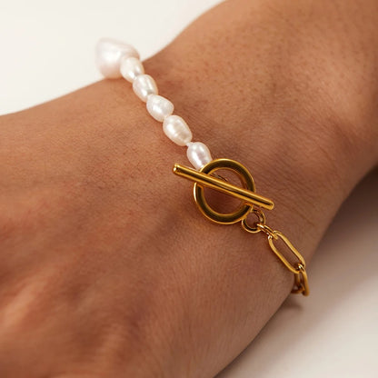 Gold and Pearl Bracelet - Paperclip & Pearl Bracelet, closeup