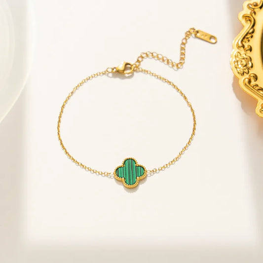 Green Single Four Leaf Clover Bracelet, Gold Chain