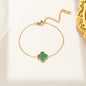 Green Single Four Leaf Clover Bracelet, Gold Chain