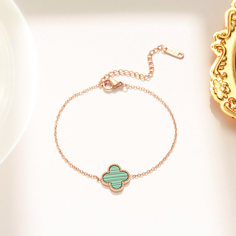 Green Single Four Leaf Clover Bracelet, Rose gold chain