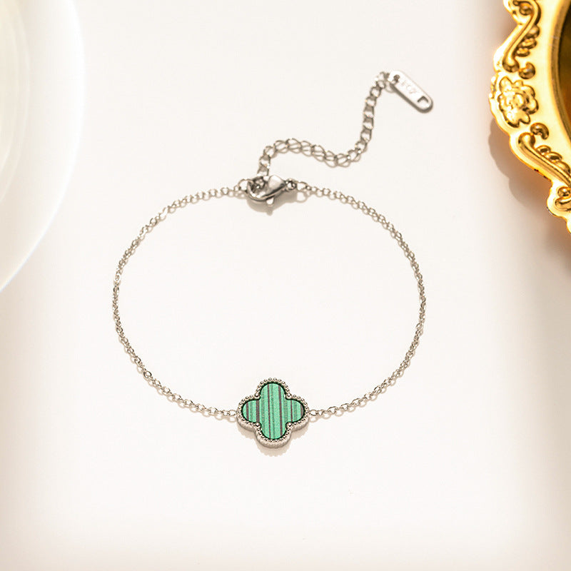 Green Single Four Leaf Clover Bracelet, Silver chain