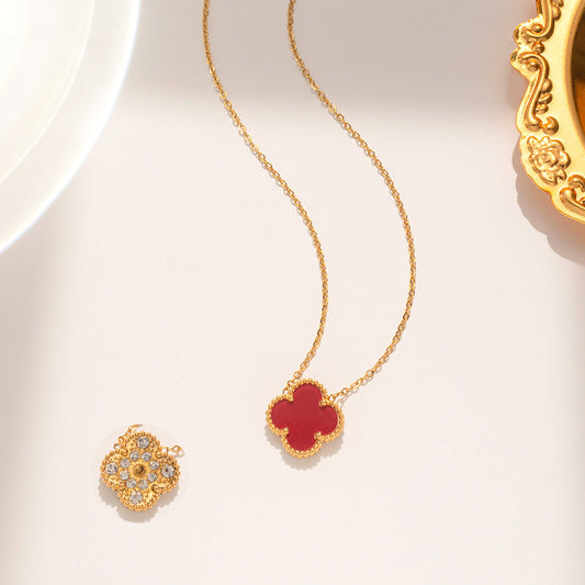 Red Crystal Clover Necklace - Single Crystal Clover Necklace - Clover Pendant Necklace
