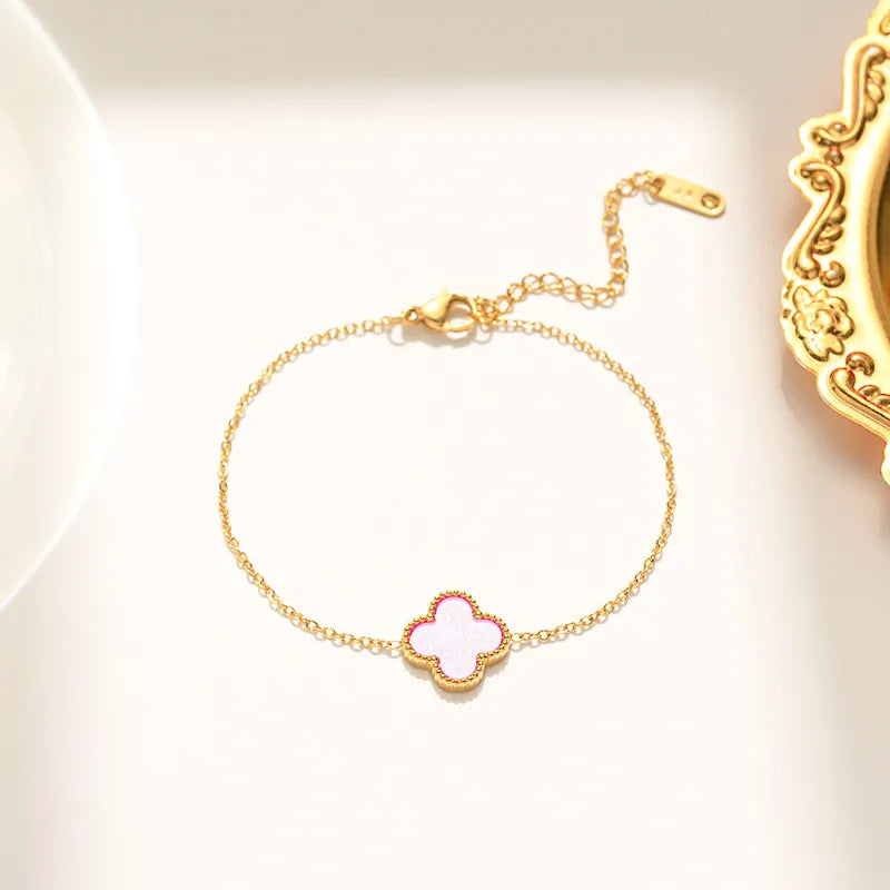 Pink Single Four Leaf Clover Bracelet, Gold Chain
