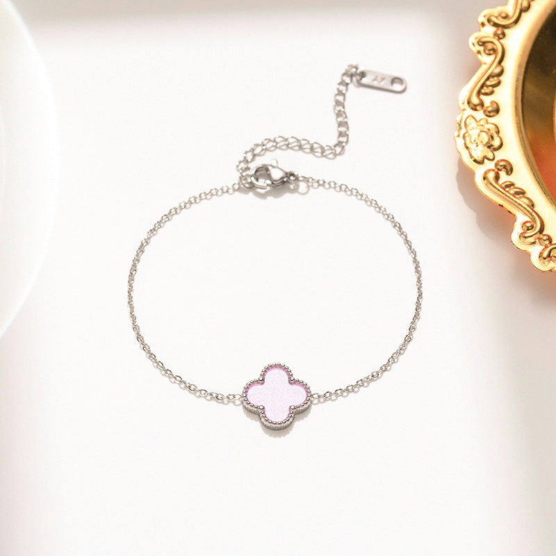 Pink single Four Leaf Clover Bracelet, Silver Chain