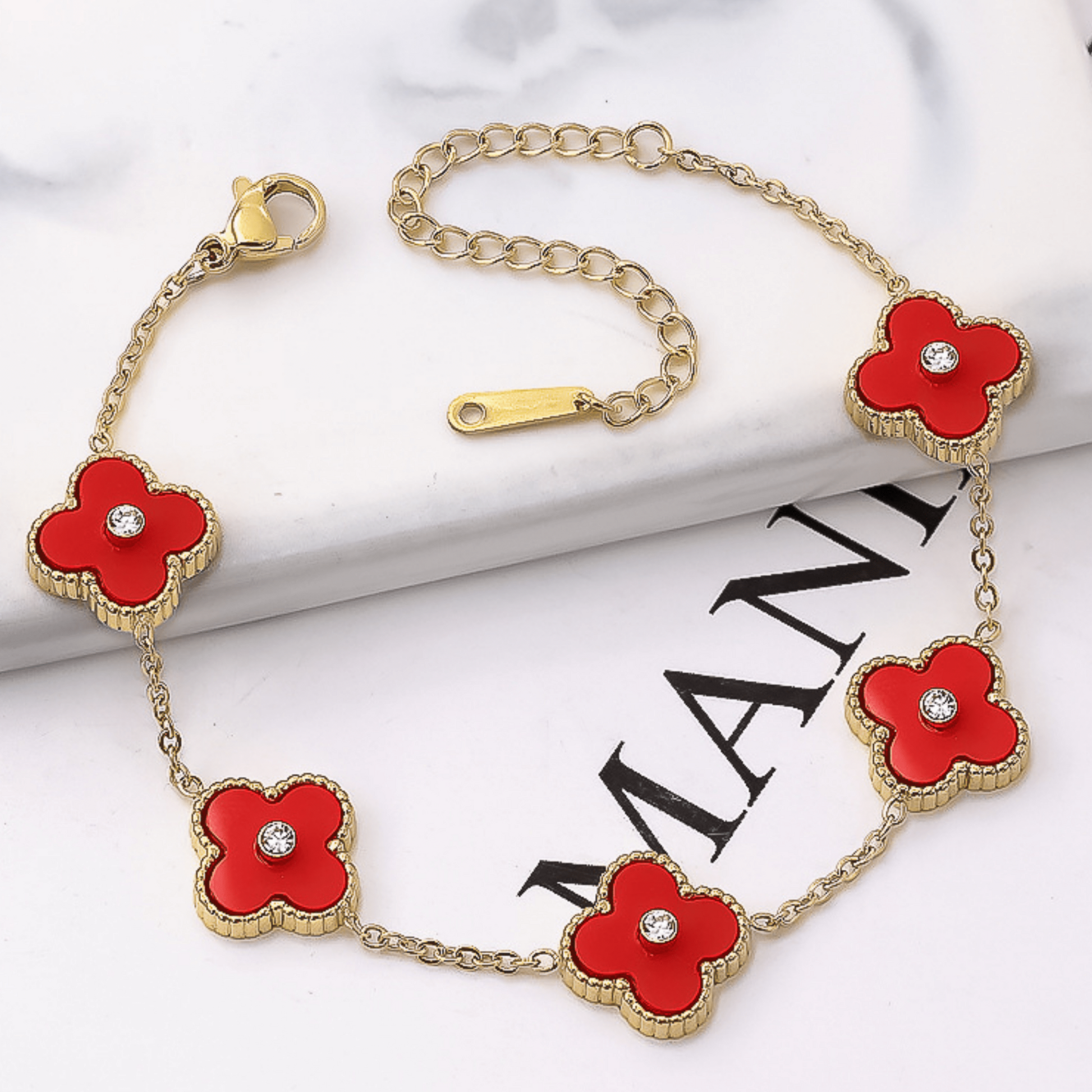 Red Four Leaf Clover Bracelet with Crystals