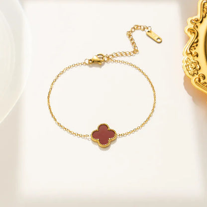Red Single Four Leaf Clover Bracelet, Gold Chain