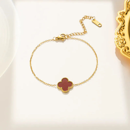 Red Single Four Leaf Clover Bracelet, Gold Chain