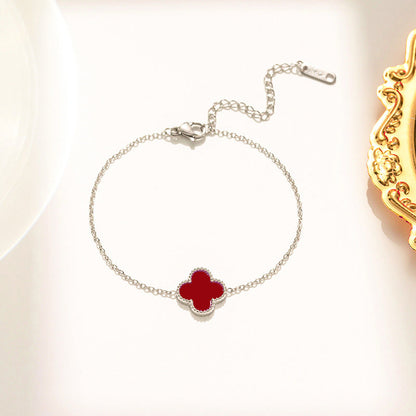 Red Single Four Leaf Clover Bracelet, Silver Chain