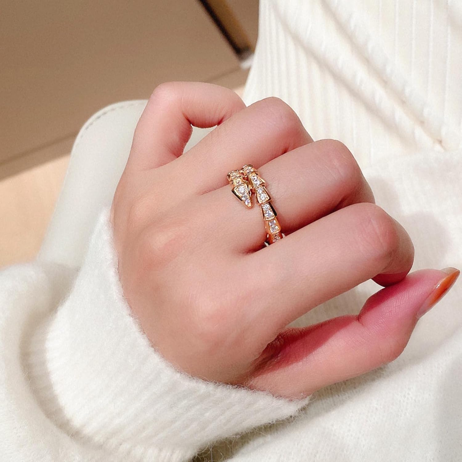 Serpent Ring - Gold Cubic Zirconia Snake Ring on finger