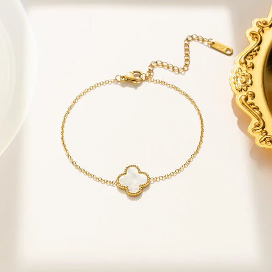 White Single Four Leaf Clover Bracelet, Gold Chain